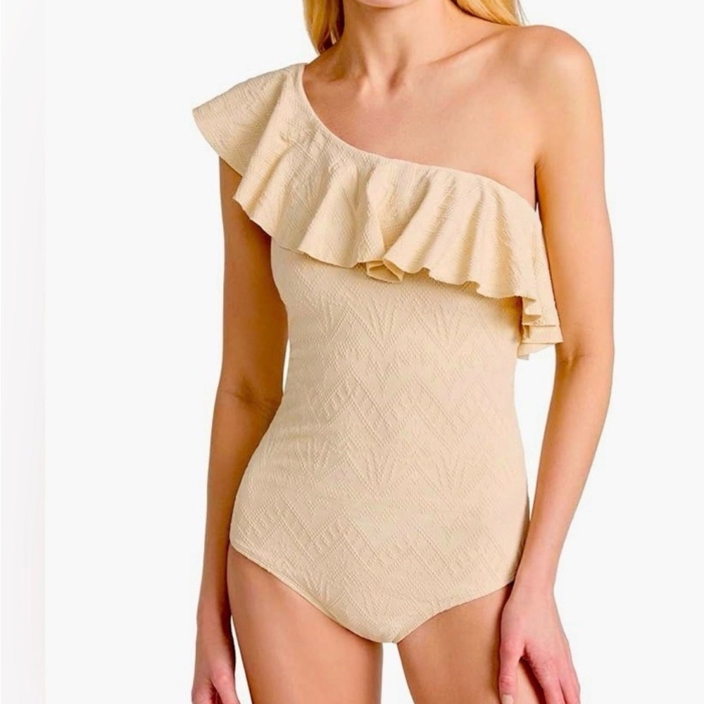 Shoshanna Cream/Ecru One-Shoulder Ruffle Swim Top